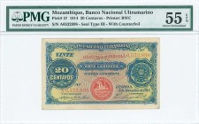 MOZAMBIQUE: 20 Centavos (5.11.1914) in blue on multicolor unpt with red steamship Seal type III. S/N: "A0532898". Printed by BWC. Inside holder by PMG...