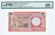 NIGERIA: 1 Pound (ND 1967) in red and dark brown with bank building at left. S/N: "B/61 928292". WMK: Lions head. Inside holder by PMG "Superb Gem Unc...
