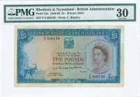 RHODESIA & NYASALAND: 5 Pounds (5.6.1959) in blue on multicolor unpt with portrait of Queen Elizabeth II at right. S/N: "Y/4 930130". WMK: C Phodes. P...