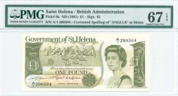 SAINT HELENA: 1 Pound (ND 1981) in deep olive-green on pale orange and ochre unpt with Queen Elizabeth II at right. S/N: "A/1 200504". Inside holder b...