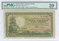 SOUTH AFRICA: 5 Pounds (7.11.1941) in dark brown on pink and pale green unpt. S/N: B/10 777923". WMK: Sailing ship and portrait of J van Riebeek. Insi...