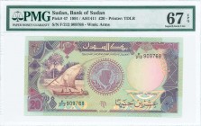 SUDAN: 20 Pounds (1991 / AH1411) in purple and violet on multicolor unpt with Feluka at left. S/N: "F/212 909768". WMK: Arms. Printed by TDLR (without...