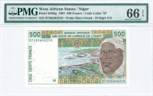 WEST AFRICAN STATES / Niger: 500 Francs (1997) in dark brown and dark green on multicolor unpt with man at right and flood control dam at center. Ten ...