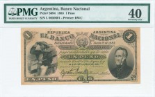 ARGENTINA: 1 Peso (5.1.1883) in black on green unpt with Arms at center, sailor at left and Gen M Rodriguez at right. S/N: "L 0050601". Printed by BWC...