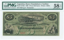 ARGENTINA: Remainder of 5 Pesos Bolivianos (ND 1869) in black on green unpt with allegorical seated woman with sickle and sheaf at lower left, men on ...