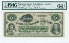 ARGENTINA: Remainder of5 Pesos Fuertes (ND 1869) in black on green unpt with girls at lower left and lower right. S/N: "12758". Printed by ABNC. Insid...
