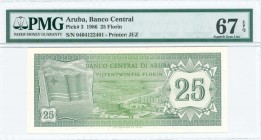 ARUBA: 25 Florin (1.1.1986) in green with flag at left and coastal hotels at center. S/N: "0404122401". Printed by JEZ. Inside holder by PMG "Superb G...