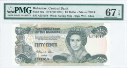 BAHAMAS: 1/2 Dollar (Law 1974 - ND 1984) in green on multicolor unpt with mature portrait of Queen Elizabeth II at center right. S/N: "A574019". WMK: ...