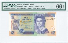 BELIZE: 2 Dollars (1.6.2003) in multicolor with mature facing portrait of Queen Elizabeth II at right. S/N: "DA332022". WMK: Carved Headed. Printed by...