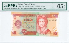BELIZE: 5 Dollars (1.6.2003) in multicolor with mature facing portrait of Queen Elizabeth II at right. S/N: "DA614043". WMK: Carved head and value. Pr...