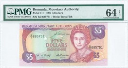 BERMUDA: 5 Dollars (20.2.1996) in red-violet and purple on multicolor unpt with mature bust of Queen Elizabeth II at right. S/N: "B/2 685751". WMK: Tu...