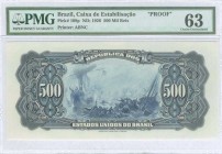 BRAZIL: Proof of back of 500 Mil Reis (18.12.1926) in blue with naval battle at center. Printed by ABNC. Inside holder by PMG "Choice Uncirculated 63 ...