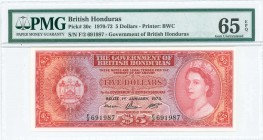BRITISH HONDURAS: 5 Dollars (1.2.1973) in red on multicolor unpt with portrait of Queen ELizabeth II at right. S/N: "F/2 691987". Printed by BWC (with...