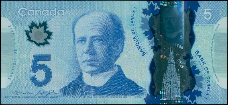 CANADA: 2x 5 Dollars (2013) in blue and green with Sir Wilfrid Laurier at center...