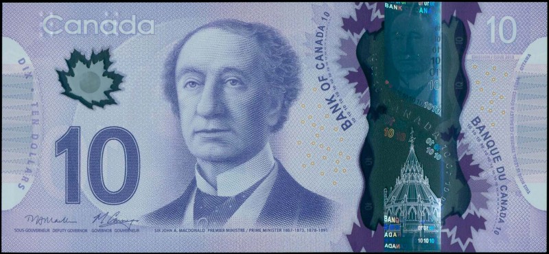 CANADA: 10 Dollars (2013) in purple with Sir John A Macdonald at center. S/N: "F...