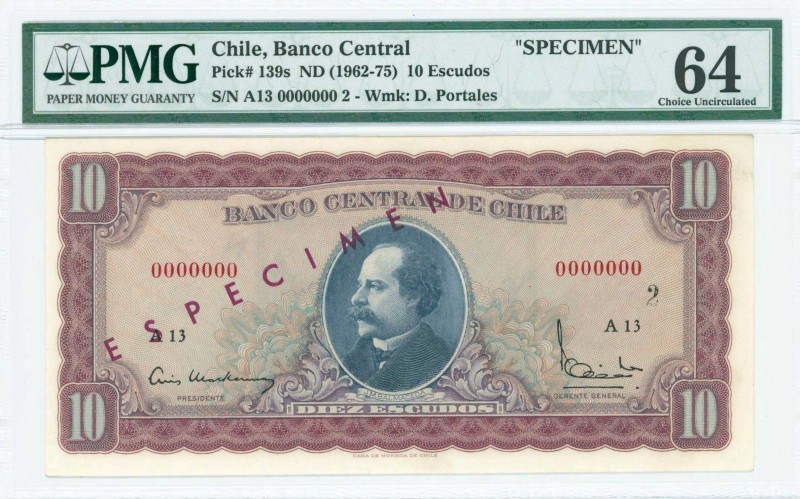 CHILE: Specimen of 10 Escudos (ND 1962-75) in violet, blue-gray and dull purple ...