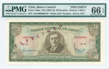 CHILE: Specimen of 50 Escudos (ND 1962-75) in dark green and olive-brown on multicolor unpt with portrait of Arturo Alessandri at center. Diagonal vio...