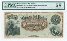 CHILE: Remainder of 5 Pesos (187_) in black, brown and yellow with Columbus at left and star in wreath at lower right. S/N: "23582". Printed by CNBB. ...