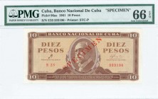CUBA: Specimen of 10 Pesos (1961) in brown on tan and yellow unpt with portrait of M Gomez at center. Diagonal red ovpt "SPECIMEN" at center. S/N: "E2...