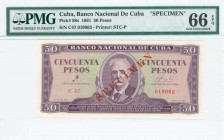 CUBA: Specimen of 50 Pesos (1961) in purple on green unpt with portrait of C Garcia Iniguez at center. Red diagonal ovpt "SPECIMEN" at center. S/N: "C...
