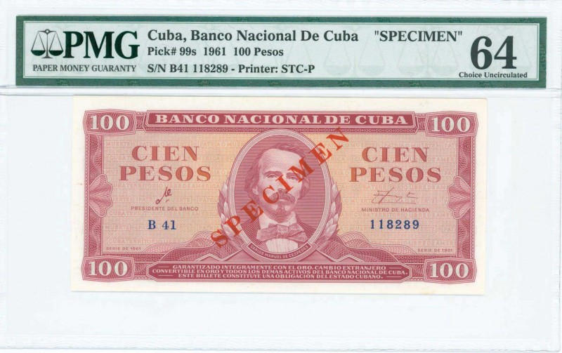 CUBA: Specimen of 100 Pesos (1961) in light red on orange unpt with portrait of ...