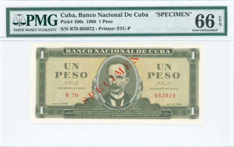 CUBA: Specimen of 1 Peso (1966) in olive-green on ochre unpt with portrait J Mar...