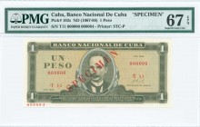 CUBA: Specimen of 1 Pesos (1968) in olive-green on ochre unpt with portrait J Marti at center. Red diagonal ovpt "SPECIMEN" at center. S/N: "T11 00000...