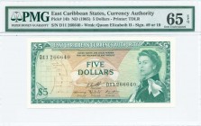 EAST CARIBBEAN STATES: 5 Dollars (ND 1965) in green on multicolor unpt with Queen Elizabeth II at right. S/N: "D11 266640". WMK: Queen Elizabeth II. P...