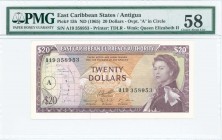 EAST CARIBBEAN STATES: 20 Dollars (ND 1965) in purple on multicolor unpu with Queen Elizabeth II at right. S/N: "A19 358953". WMK: Queen Elizabeth II....