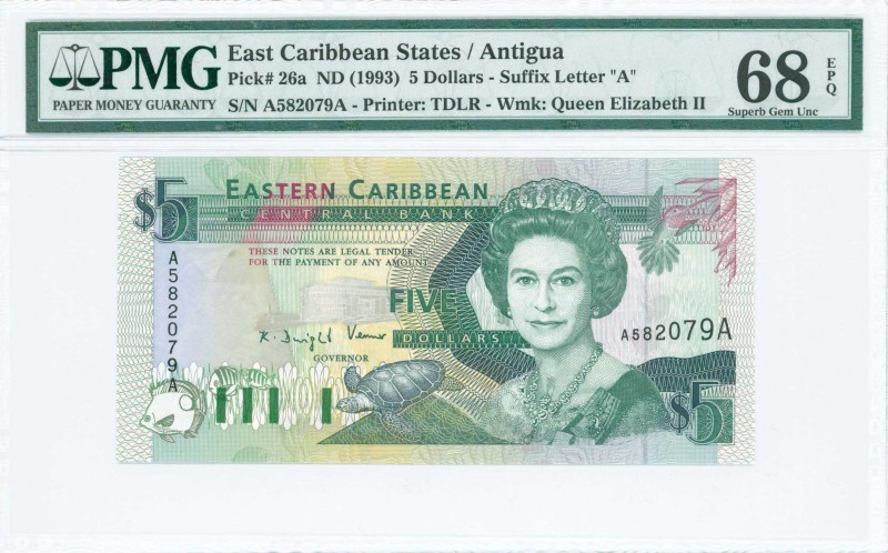 EAST CARIBBEAN STATES / ANTIGUA: 5 Dollars (ND 1993) in dark green, black and vi...