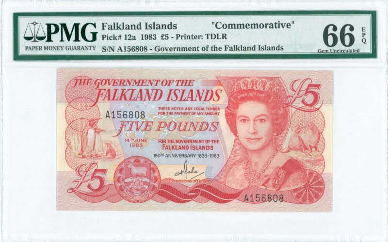 FALKLAND ISLANDS: 5 Pounds (14.6.1983) in red on multicolor with portrait of Que...