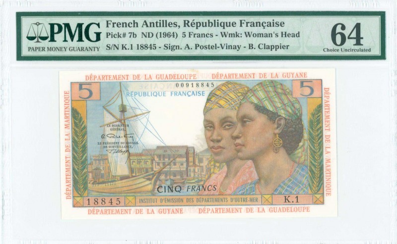 FRENCH ANTILLES: 5 Francs (ND 1964) in brown on multicolor unpt with sailboat at...