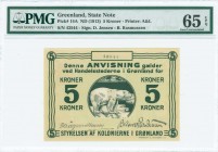 GREENLAND: 5 Kroner (ND 1913) in dark green on blue-green unpt with polar bear on ice at center. S/N: "43544". Printed by A&L. Inside holder by PMG "G...