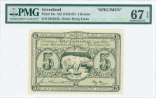GREENLAND: Specimen of 5 Kroner (ND 1953-67) in green with polar bear on ice at center. Diagonal perfin "SPECIMEN" at center. S/N: "0651626". WMK: Wav...