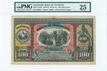 GUATEMALA: 100 Pesos (1.8.1916) in black on multicolor unpt with Arms at left, coffee plantation at center and quetzal at right. S/N: "282351". Printe...