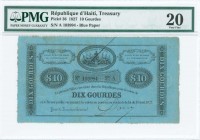 HAITI: 10 Gourdes (Law 1827) in black on blue paper with ornate format with oval Arms at top center. S/N: "A 103994". Printed by CS&E. Inside holder b...