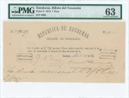 HONDURAS: 1 Peso (20.4.1873) in black of billete de Tesoro series with handstamp at left and right. S/N: "9639". Inside holder by PMG "Choice Uncircul...