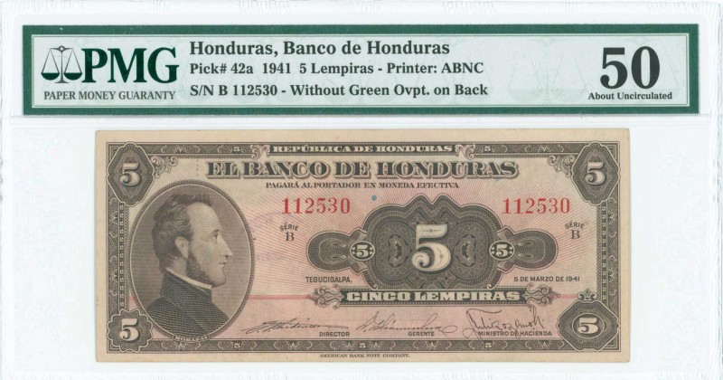 HONDURAS: 5 Lempiras (5.3.1941) in brown on red unpt with portrait of Morazan at...