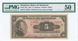 HONDURAS: 5 Lempiras (5.3.1941) in brown on red unpt with portrait of Morazan at left. Variety: Without green ovpt on back. Printed by ABNC. Inside ho...
