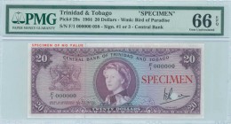 TRINIDAD & TOBAGO: Specimen of 20 Dollars (1964) in purple on multicolor unpt with Arms at left and portrait of Queen Elizabeth II at center. Red ovpt...
