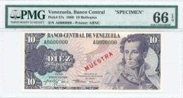 VENEZUELA: Specimen of 10 Bolivares (29.1.1980) in purple on multicolor unpt with Antonio Jose de Sucre at right. Diagonal red ovpt "MUESTRA" at cente...