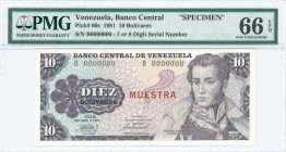 VENEZUELA: Specimen of 10 Bolivares (6.10.1981) in purple on light blue and multicolor unpt with Antonio Jose de Sucre at right. One horizontal red ov...