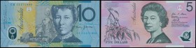 AUSTRALIA: Set of 2 banknotes including 5 Dollars (2012) & 10 Dollars (2013). S/N: "CB 12190049" & "CE 13371896". (Pick 57g+58g) & (Spink RBA B25g+B26...