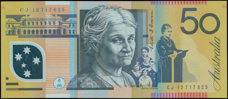 AUSTRALIA: 50 Dollars (2012) in black and deep purple on yellow-brown, green and...