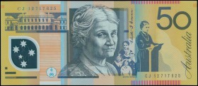 AUSTRALIA: 50 Dollars (2012) in black and deep purple on yellow-brown, green and multicolor with David Unaipon at center. S/N: "CJ 12717625". WMK: Arm...