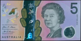 AUSTRALIA: 5 Dollars (2016) in multicolor with Queen Elizabeth II at right center. S/N: "AE 160803240". (Pick 62a). Uncirculated.