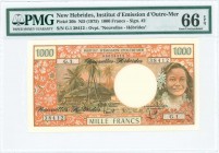 NEW HEBRIDES: 1000 Francs (ND 1975) in orange, brown and multicolor with hut under palm tree at left and girl at right. Nouvelles Hebrides in script. ...