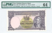 NEW ZEALAND: 1 Pound (ND 1960-67) in purple on multicolor unpt with portait of Captain James Cook at lower right. S/N: "262330801". WMK: King Tawhiao....