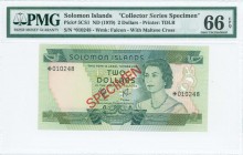 SOLOMON ISLANDS: Complete collector series set of 2 Dollars + 5 Dollars + 10 Dollars (ND 1979) with Queen Elizabeth II at right. Red diagonal ovpts "S...