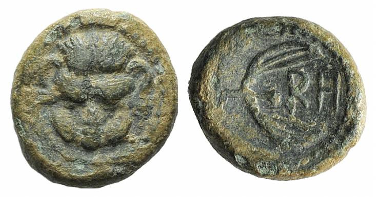 Bruttium, Rhegion, c. 425/0-415/0 BC. Æ (8mm, 1.02g, 7h). Facing lion’s scalp. R...